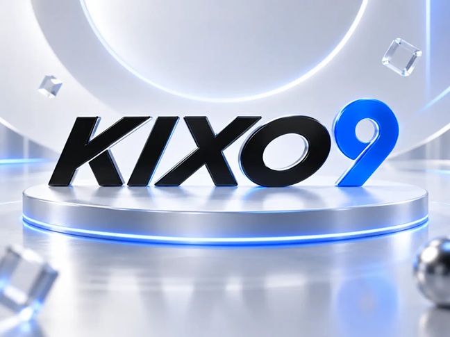 3D KIXO9 brand logo positioned on a white round stage with blue neon lighting accent.
